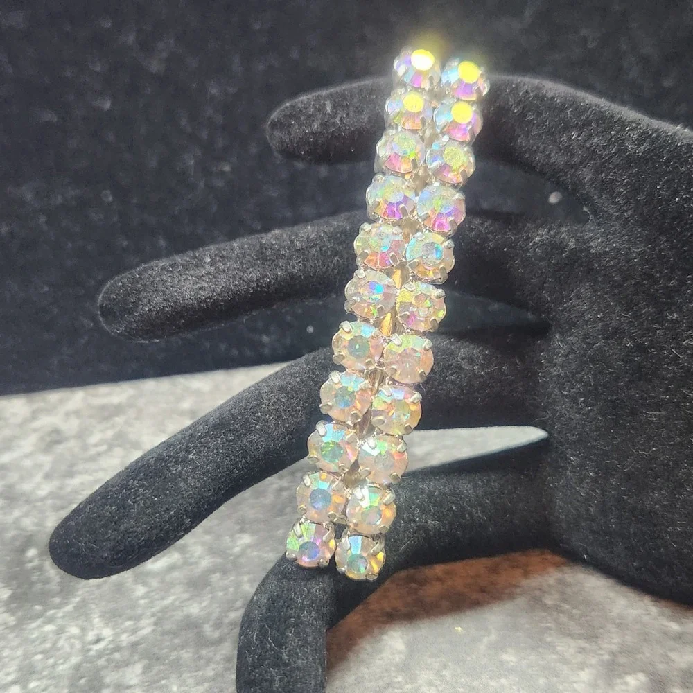 Vintage Aurora Borealis AB Rhinestone Double Row Hair Barrette Silver Tone Clip